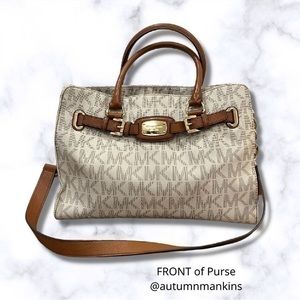 Michael Kors Hamilton Satchel Shoulder Bag, White and Brown Leather
